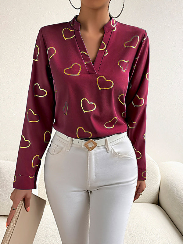 Elva Women's Love Stamping Elegant V-Neck Shirt