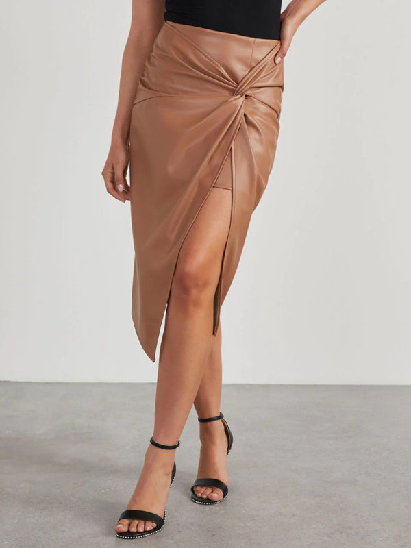 Paislee New Solid Solor Slit Mid-Length Sexy Hot Girl Butt-Covering Leather Skirt