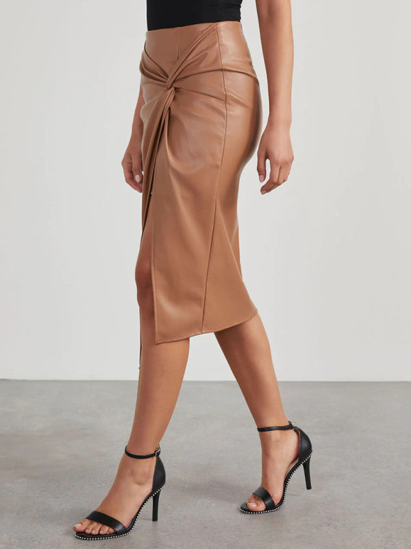 Paislee New Solid Solor Slit Mid-Length Sexy Hot Girl Butt-Covering Leather Skirt