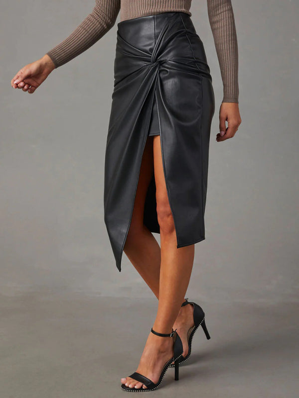 Paislee New Solid Solor Slit Mid-Length Sexy Hot Girl Butt-Covering Leather Skirt