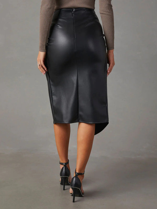 Paislee New Solid Solor Slit Mid-Length Sexy Hot Girl Butt-Covering Leather Skirt