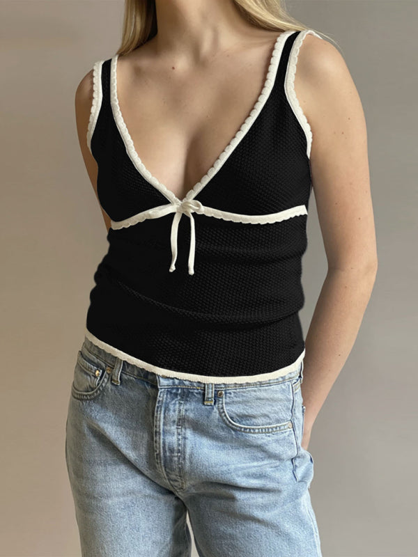 Soleil Women's New Fashion And Sexy Deep V Bow Lace Vest