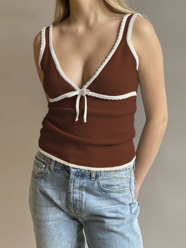 Soleil Women's New Fashion And Sexy Deep V Bow Lace Vest