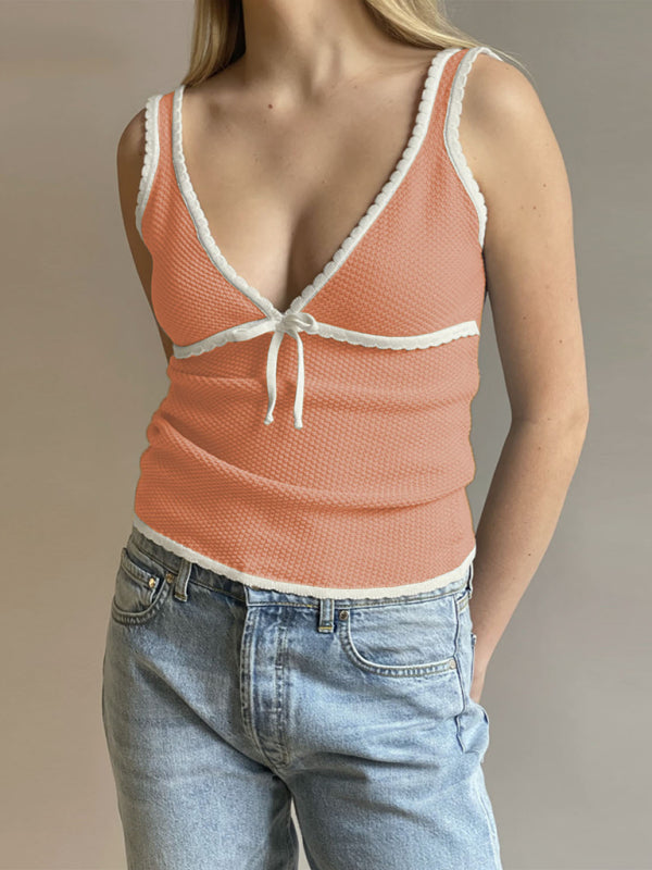 Soleil Women's New Fashion And Sexy Deep V Bow Lace Vest
