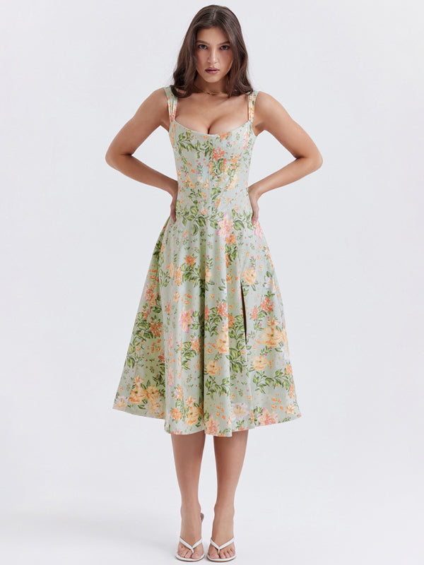 Giana Women's Slim Suspender Sexy Slit Floral Dress