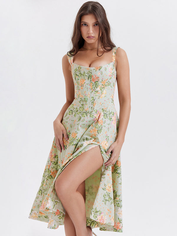 Giana Women's Slim Suspender Sexy Slit Floral Dress