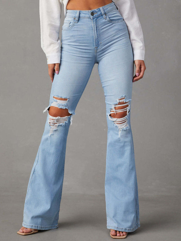 Mabel Women's Washed Ripped High-Waisted Denim Wide-leg Trousers