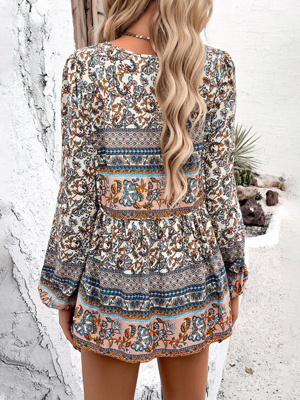 Elethea New Women's Casual Bohemian Print Long Sleeve Top