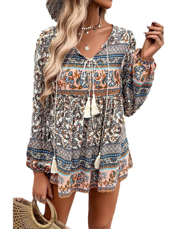 Elethea New Women's Casual Bohemian Print Long Sleeve Top