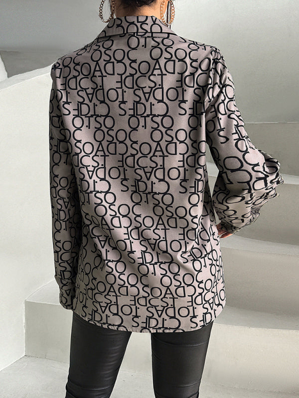 Electrina Women's New Temperament Commuting Letter Printed Lapel Long-Sleeved Shirt