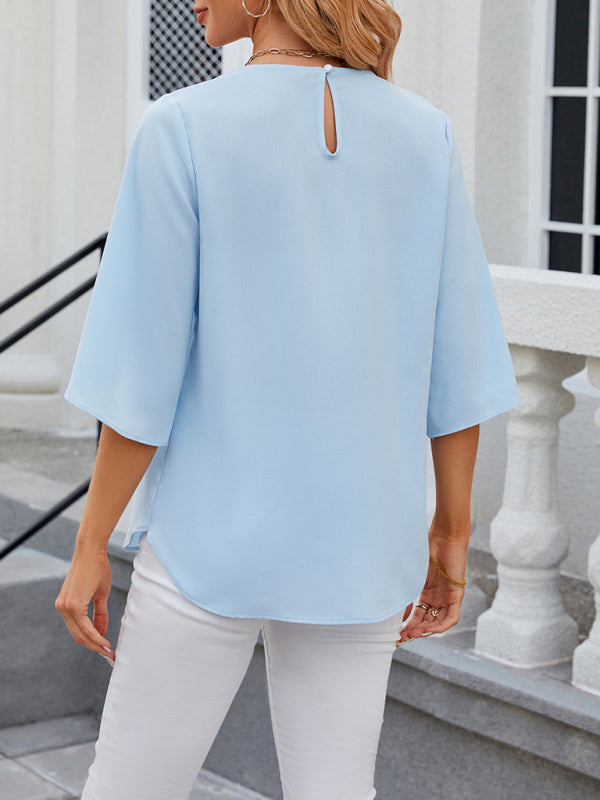Harriett Women's New Round Neck Quarter Sleeve Loose Chiffon Shirt Top