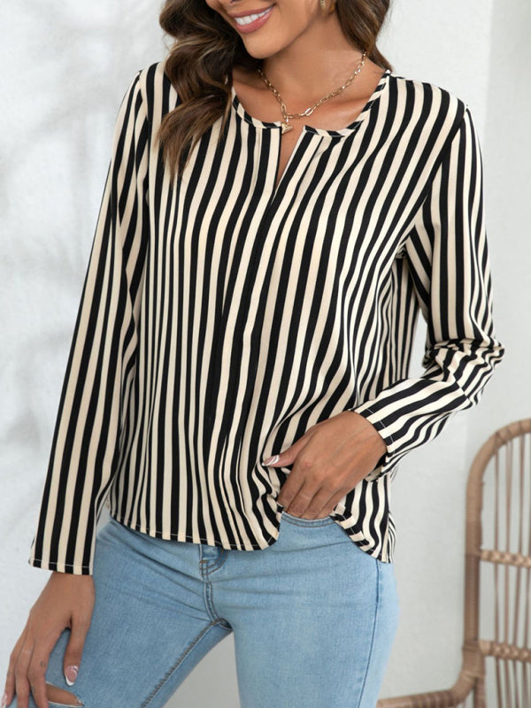 Hannelie Women's Long Sleeve Round Neck Striped Print Top Blouse