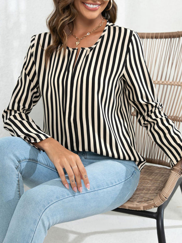 Hannelie Women's Long Sleeve Round Neck Striped Print Top Blouse