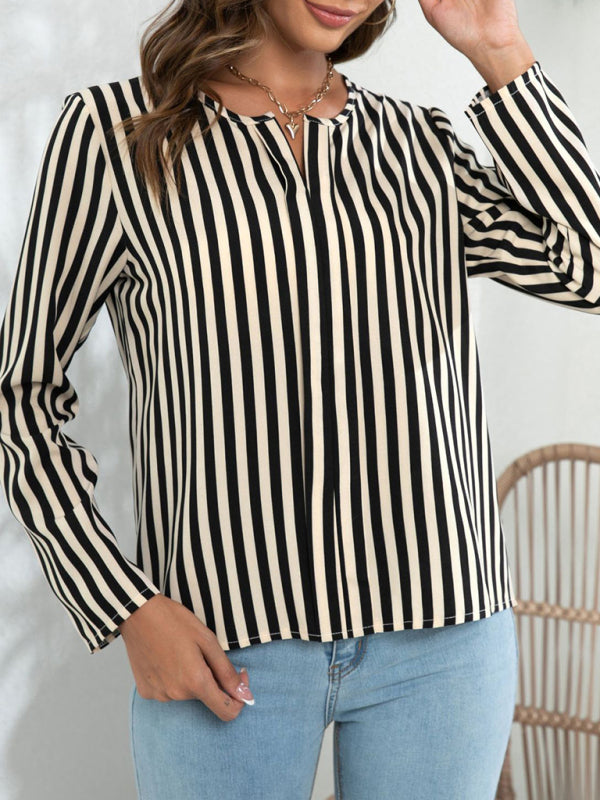 Hannelie Women's Long Sleeve Round Neck Striped Print Top Blouse