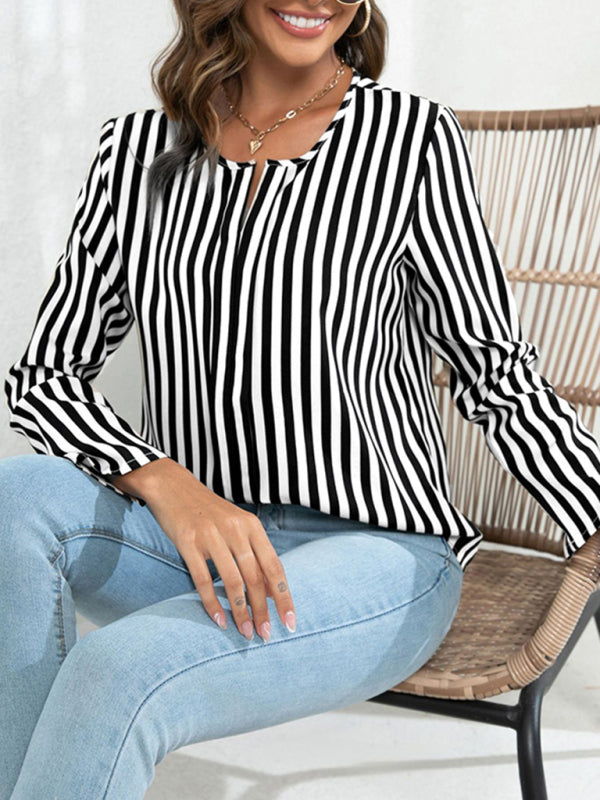 Hannelie Women's Long Sleeve Round Neck Striped Print Top Blouse