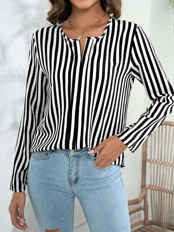 Hannelie Women's Long Sleeve Round Neck Striped Print Top Blouse