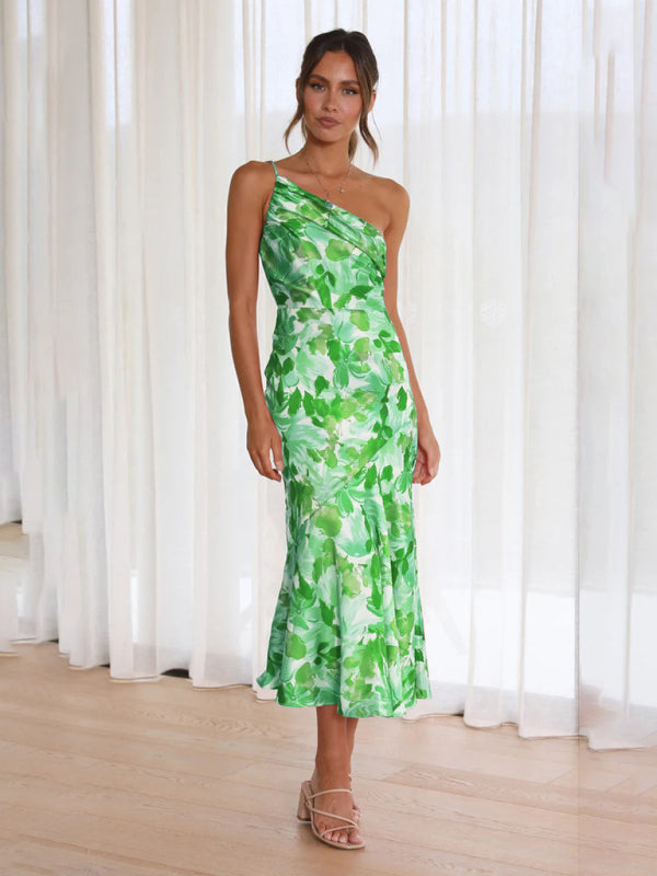 Camryn Women's New Fashionable Temperament Slant Neck Suspender Fishtail Print Dress