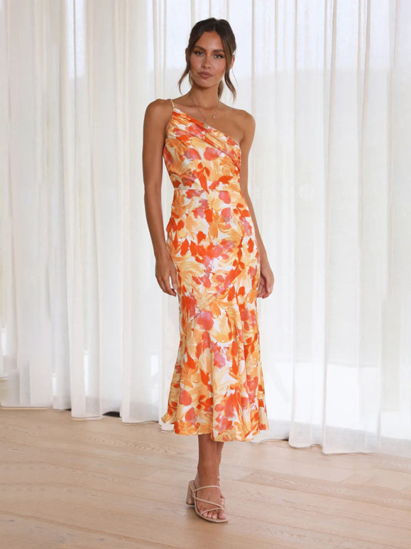Camryn Women's New Fashionable Temperament Slant Neck Suspender Fishtail Print Dress