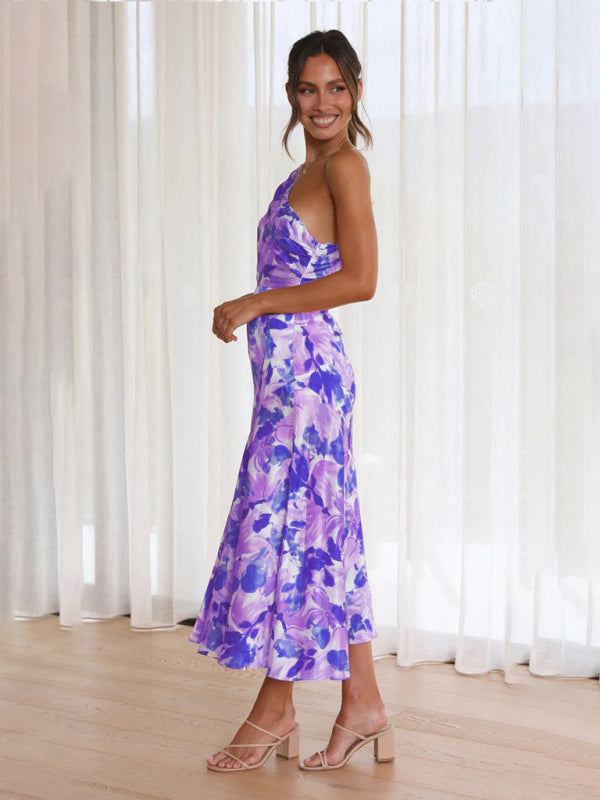 Camryn Women's New Fashionable Temperament Slant Neck Suspender Fishtail Print Dress