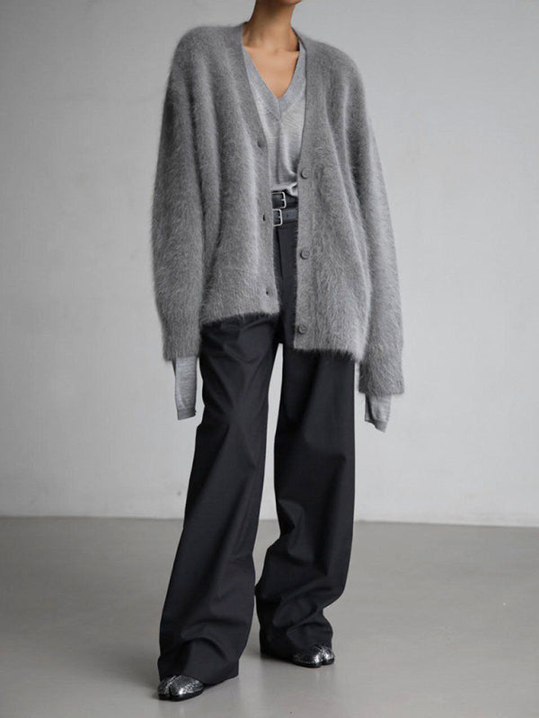 HelenaWomen's Lazy Loose Long-sleeved V-neck Sweater Knitted Cardigan
