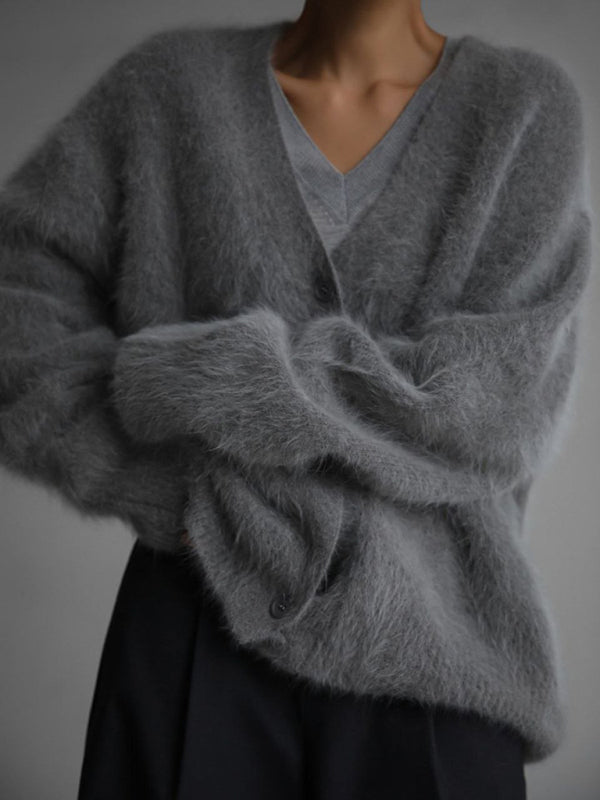 HelenaWomen's Lazy Loose Long-sleeved V-neck Sweater Knitted Cardigan