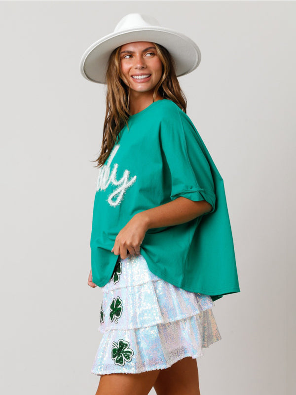 Faith Women's St. Patrick's Lucky Sequined Top Loose T-Shirt