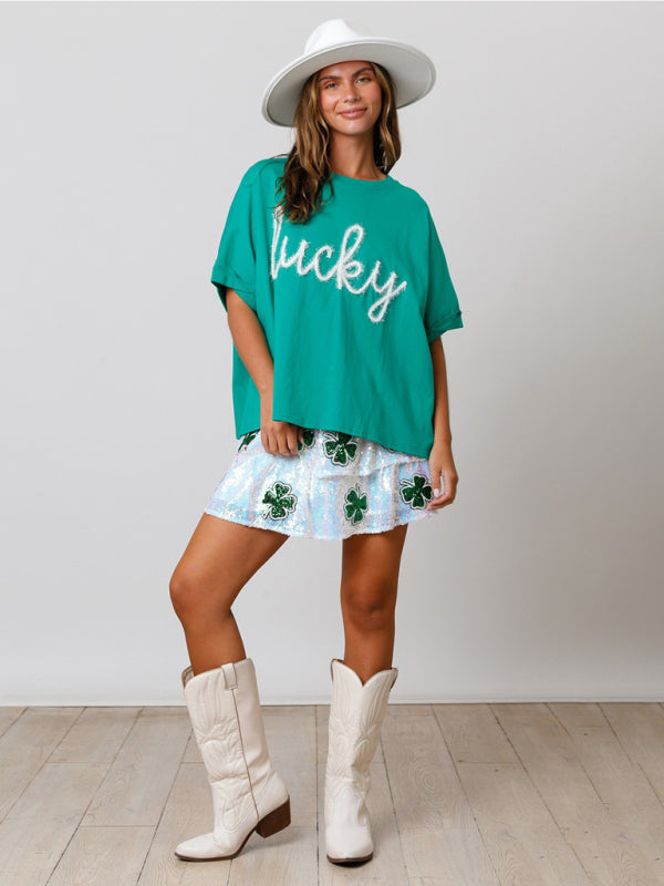 Faith Women's St. Patrick's Lucky Sequined Top Loose T-Shirt