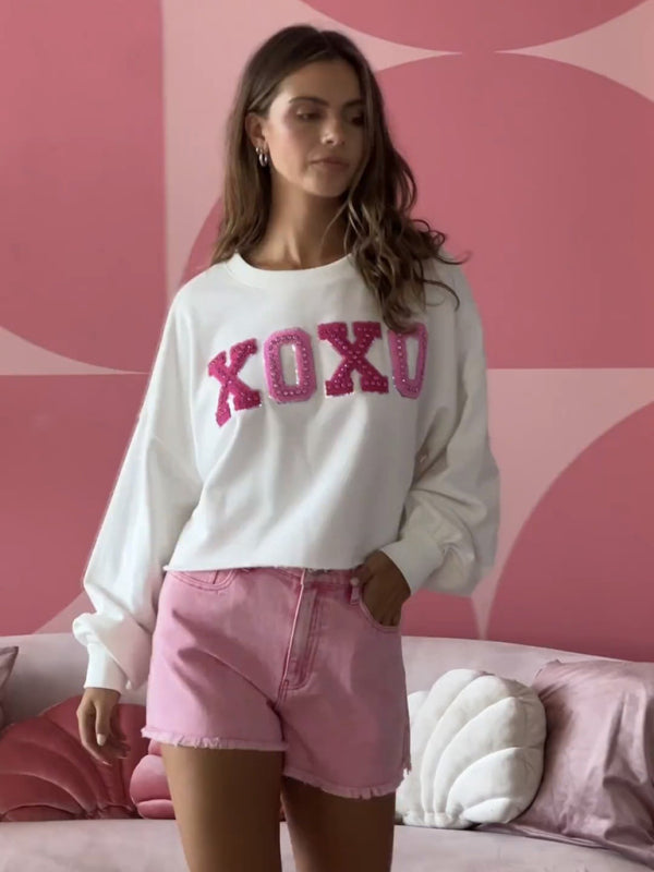 Dianna Women's Embroidered Heart XOXO Casual Loose Sweatshirt