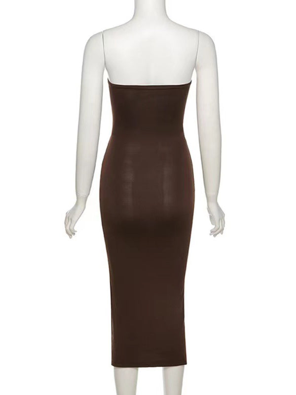 Blakely New Women's One-Shoulder Sexy Hollow High-Slit Tube Top Dress