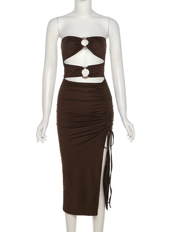 Blakely New Women's One-Shoulder Sexy Hollow High-Slit Tube Top Dress