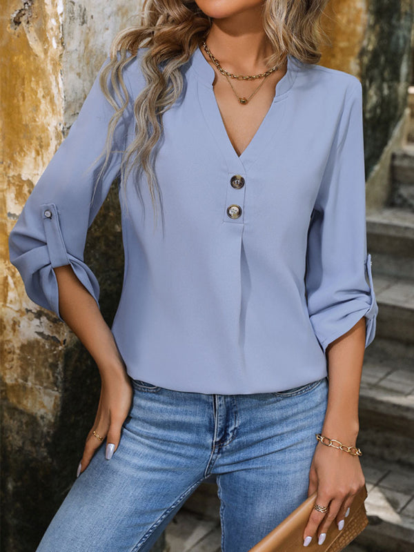 Ginerva Women's Elegant Commuting V-Neck Button-Down Pullover Shirt
