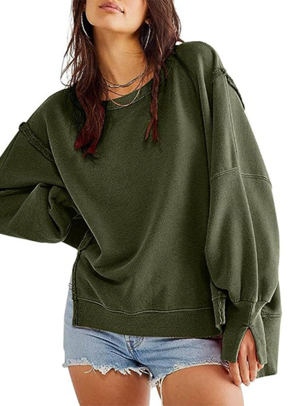 Haleigh Women's Round Neck Loose Side Slit Long Sleeve Sweatshirt