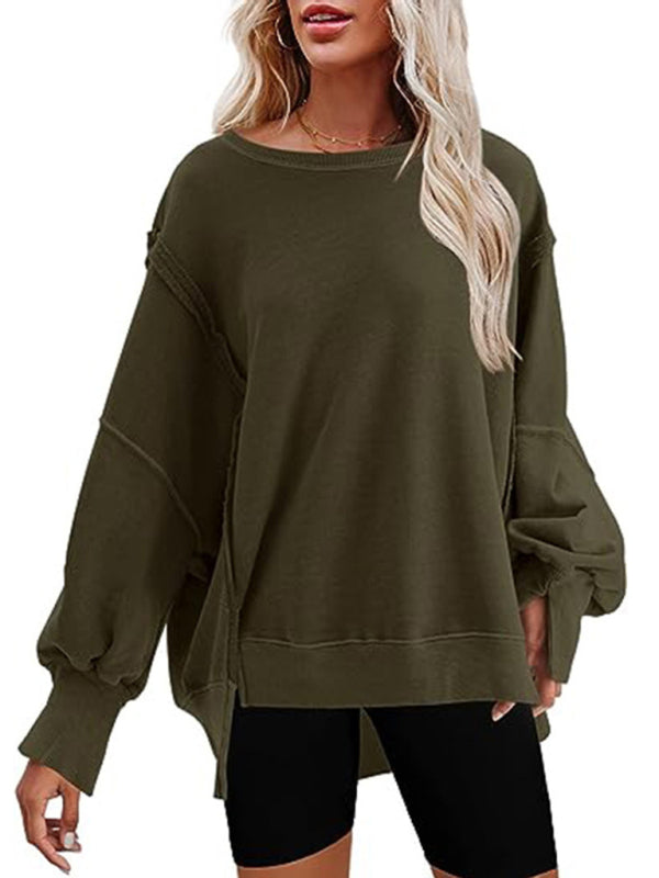 Haleigh Women's Round Neck Loose Side Slit Long Sleeve Sweatshirt