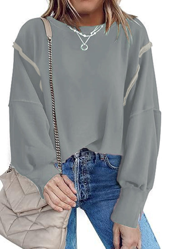 Haleigh Women's Round Neck Loose Side Slit Long Sleeve Sweatshirt