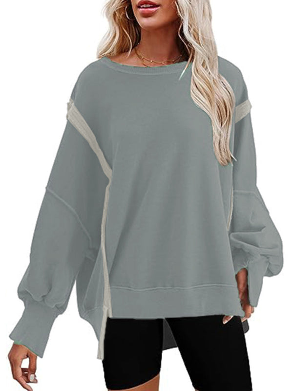 Haleigh Women's Round Neck Loose Side Slit Long Sleeve Sweatshirt