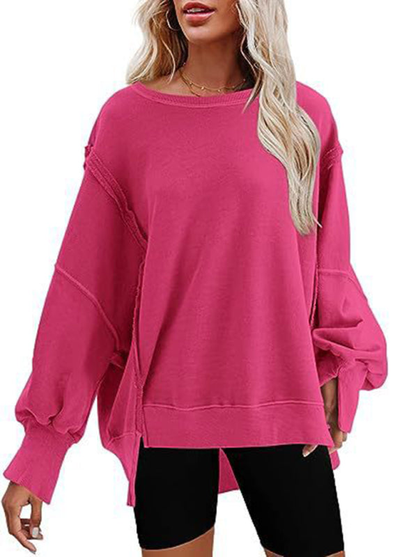 Haleigh Women's Round Neck Loose Side Slit Long Sleeve Sweatshirt
