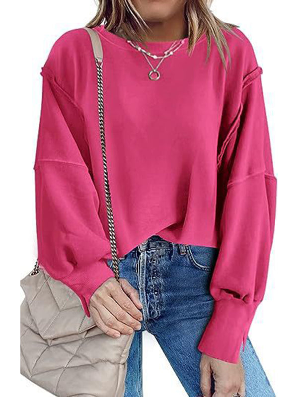 Haleigh Women's Round Neck Loose Side Slit Long Sleeve Sweatshirt