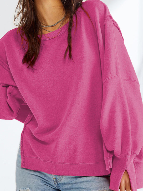 Haleigh Women's Round Neck Loose Side Slit Long Sleeve Sweatshirt