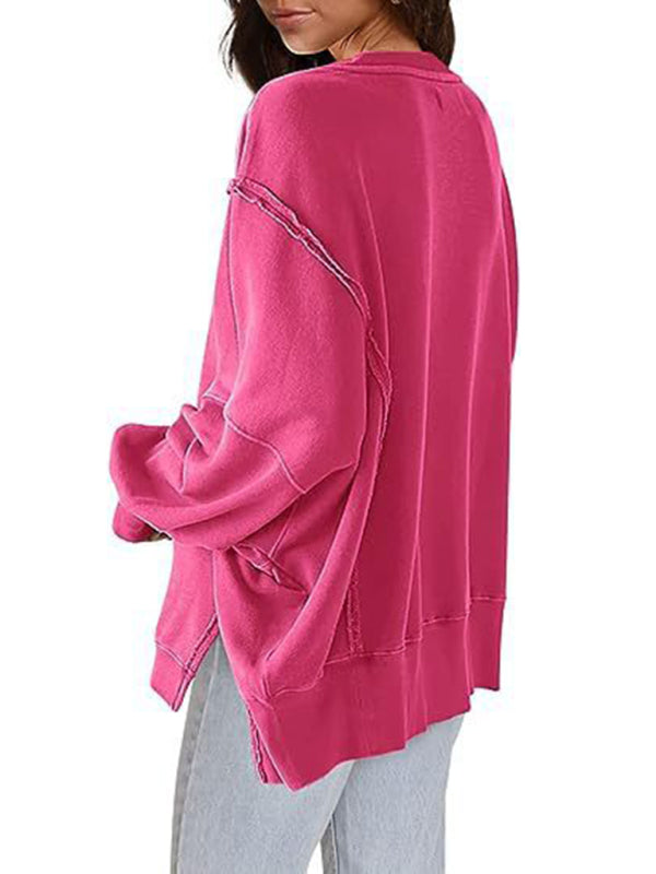 Haleigh Women's Round Neck Loose Side Slit Long Sleeve Sweatshirt