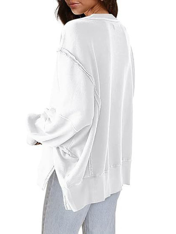 Haleigh Women's Round Neck Loose Side Slit Long Sleeve Sweatshirt