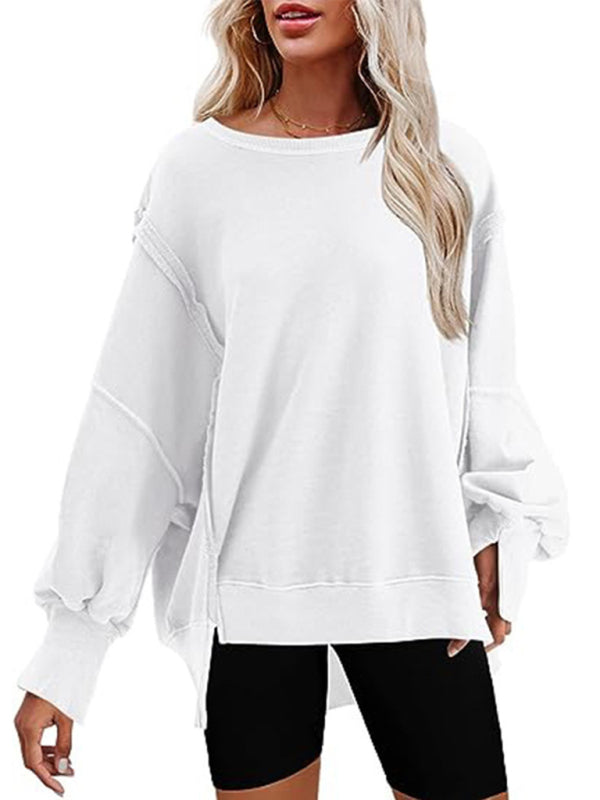 Haleigh Women's Round Neck Loose Side Slit Long Sleeve Sweatshirt
