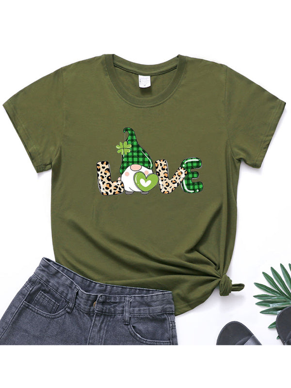 Caitlin Women's New Leopard Print Love + Clover Print St. Patrick's Day Short-Sleeved T-Shirt