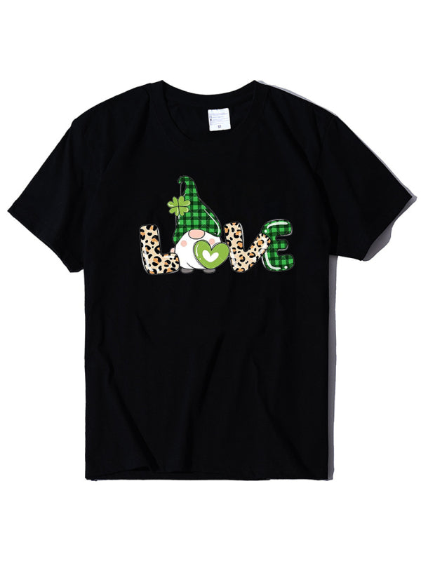 Caitlin Women's New Leopard Print Love + Clover Print St. Patrick's Day Short-Sleeved T-Shirt