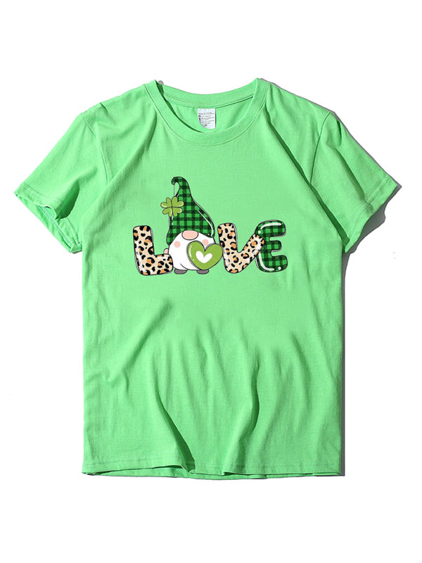 Caitlin Women's New Leopard Print Love + Clover Print St. Patrick's Day Short-Sleeved T-Shirt
