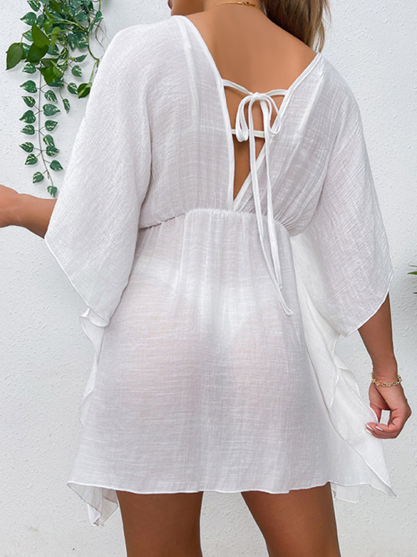 Egypt Drop Shoulder Loose Beach Cover-Up Solid Color Sun Protection Shirt Waist Tie Bikini Cover-Up