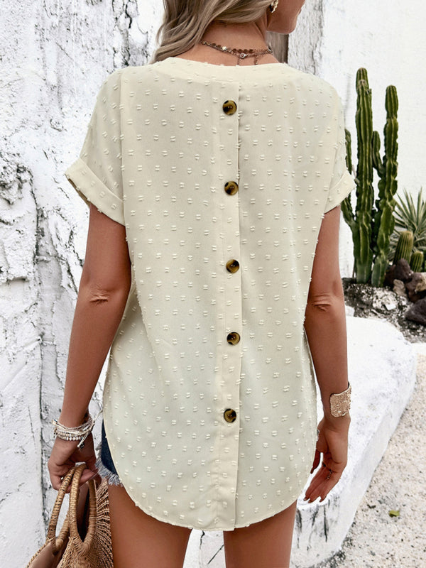 Gavrielle Women's Solid Color Casual Short-Sleeved V-Neck Jacquard Fabric Shirt