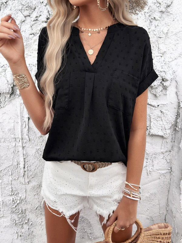 Gavrielle Women's Solid Color Casual Short-Sleeved V-Neck Jacquard Fabric Shirt