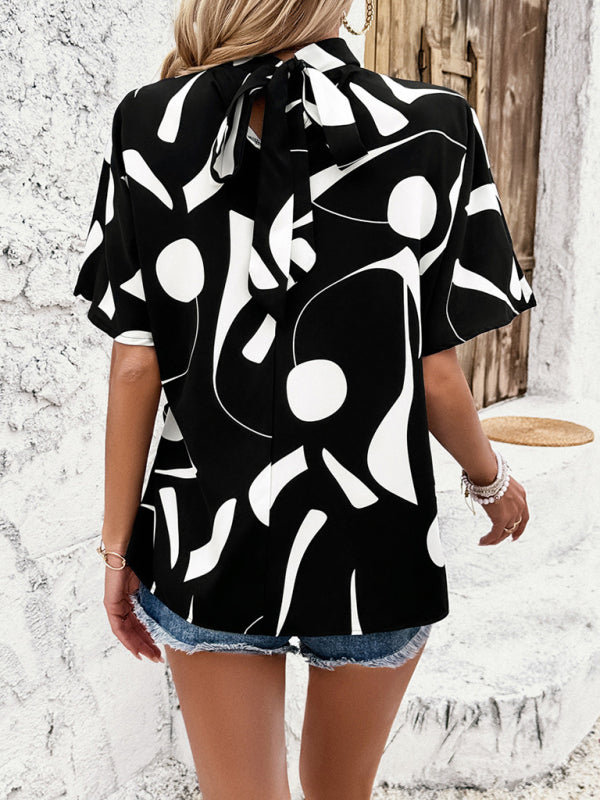 Garnet New Stand Collar Casual Loose Printed Short Sleeve Top