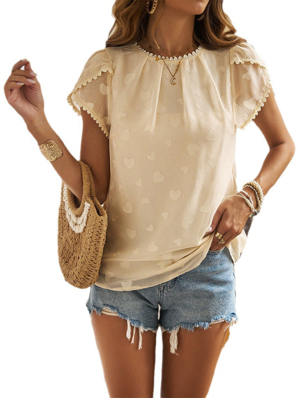 Gaelene Women's New Casual Temperament Love Jacquard Solid Color Petal Sleeve Top
