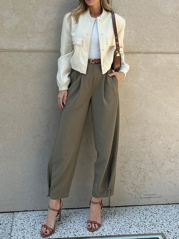 Emma Women's Fashionable Solid Color Loose High Waist Nine-Point Suit Pants